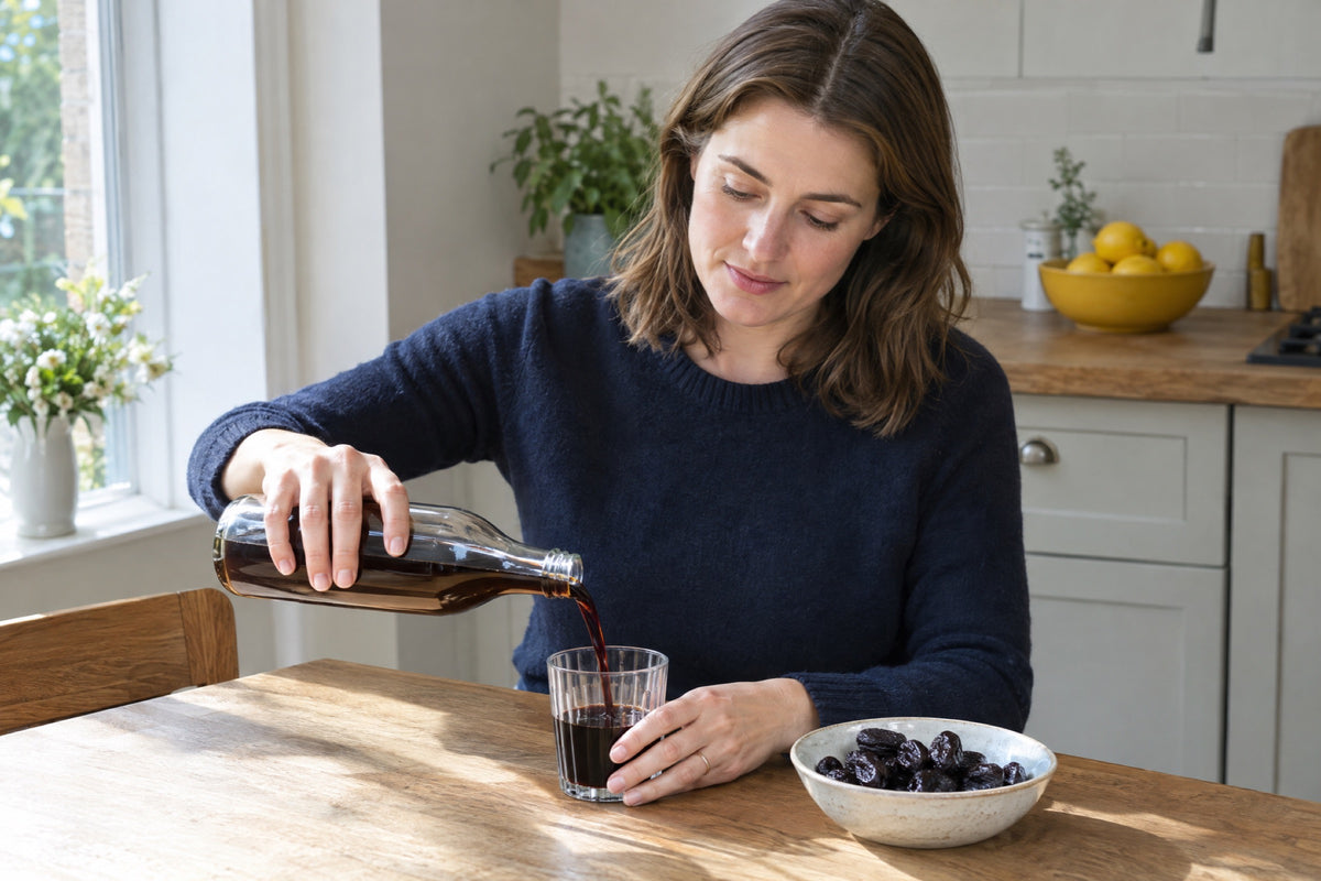 A woman in a navy jumper pouring dark prune juice from a glass bottle into a tumbler at a sunlit kitchen table, a bowl of prunes beside her and a yellow fruit bowl on the worktop behind