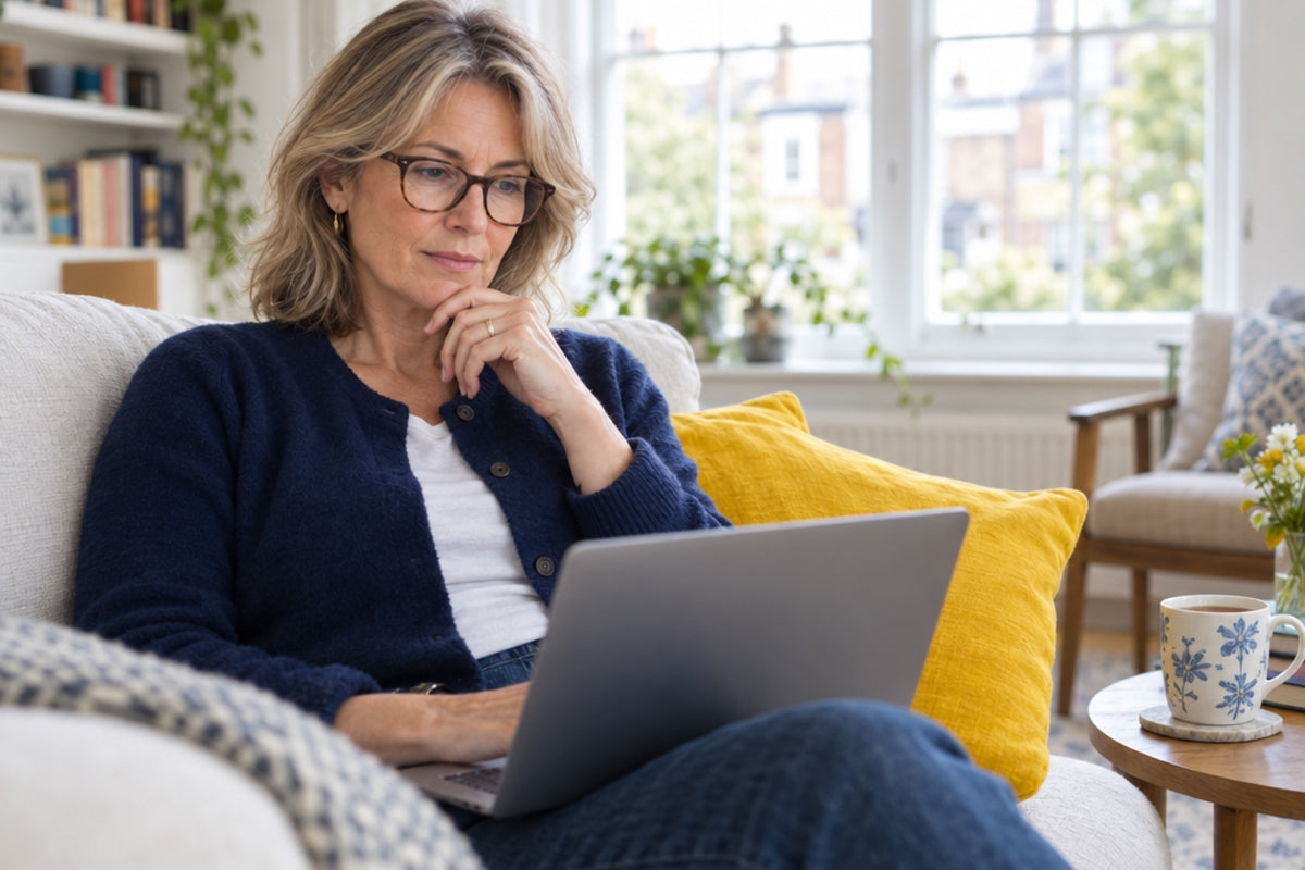 A woman in a navy cardigan reads on a laptop on a pale sofa, glasses on, a yellow cushion beside her and a mug of tea on the side table.