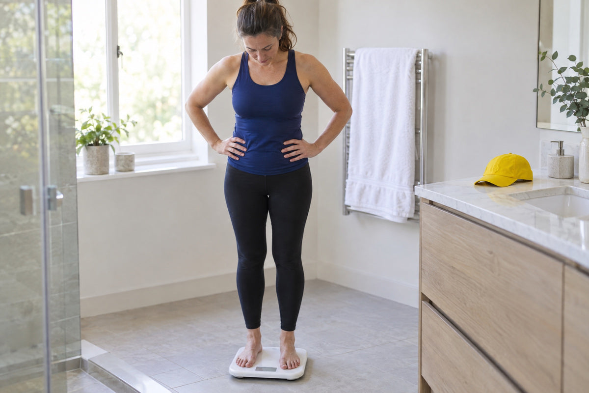A woman in a navy vest standing barefoot on bathroom scales with her hands on her hips, a yellow cap on the basin unit beside her