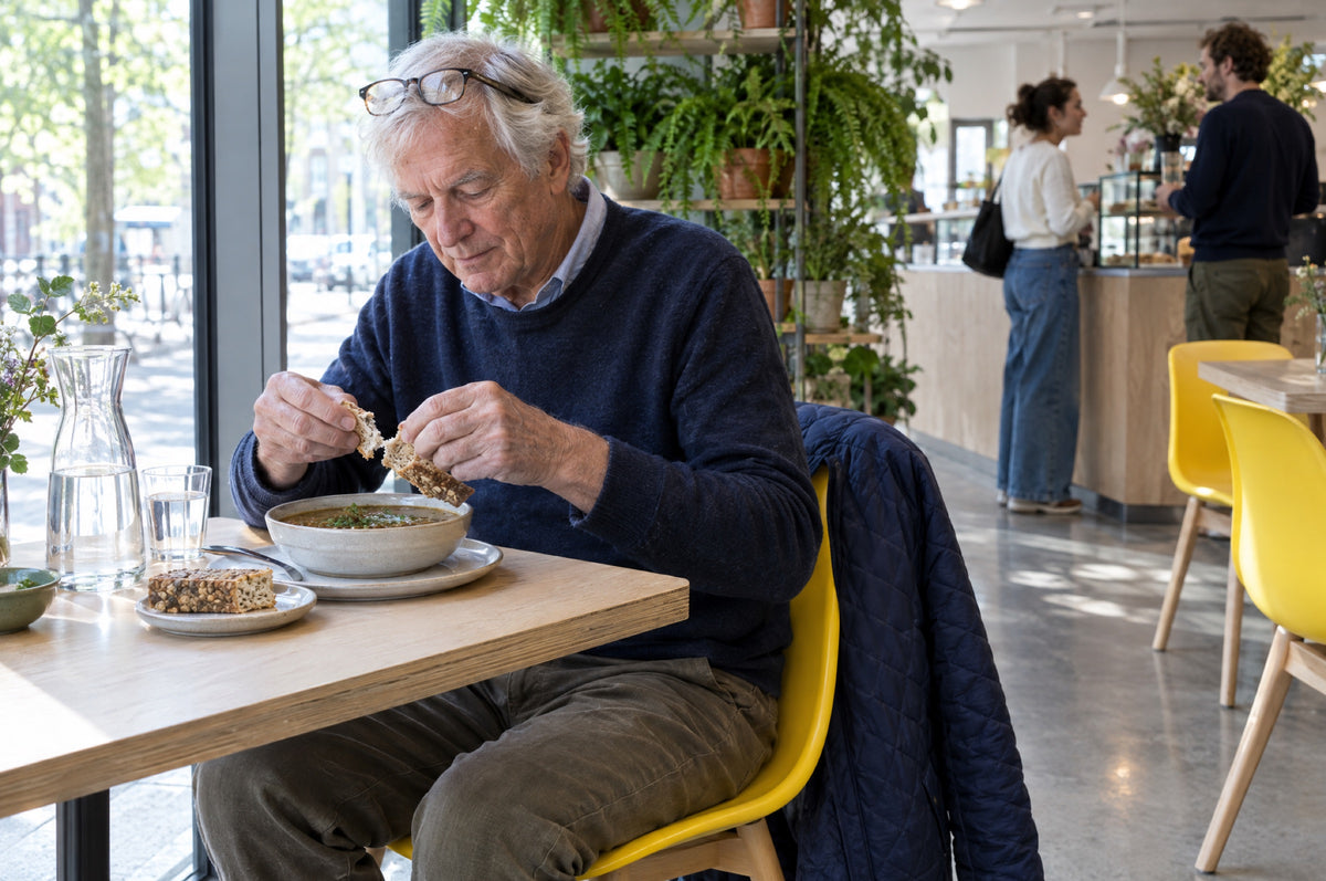 An older man eats soup and seeded bread at a sunny café table on a yellow chair.