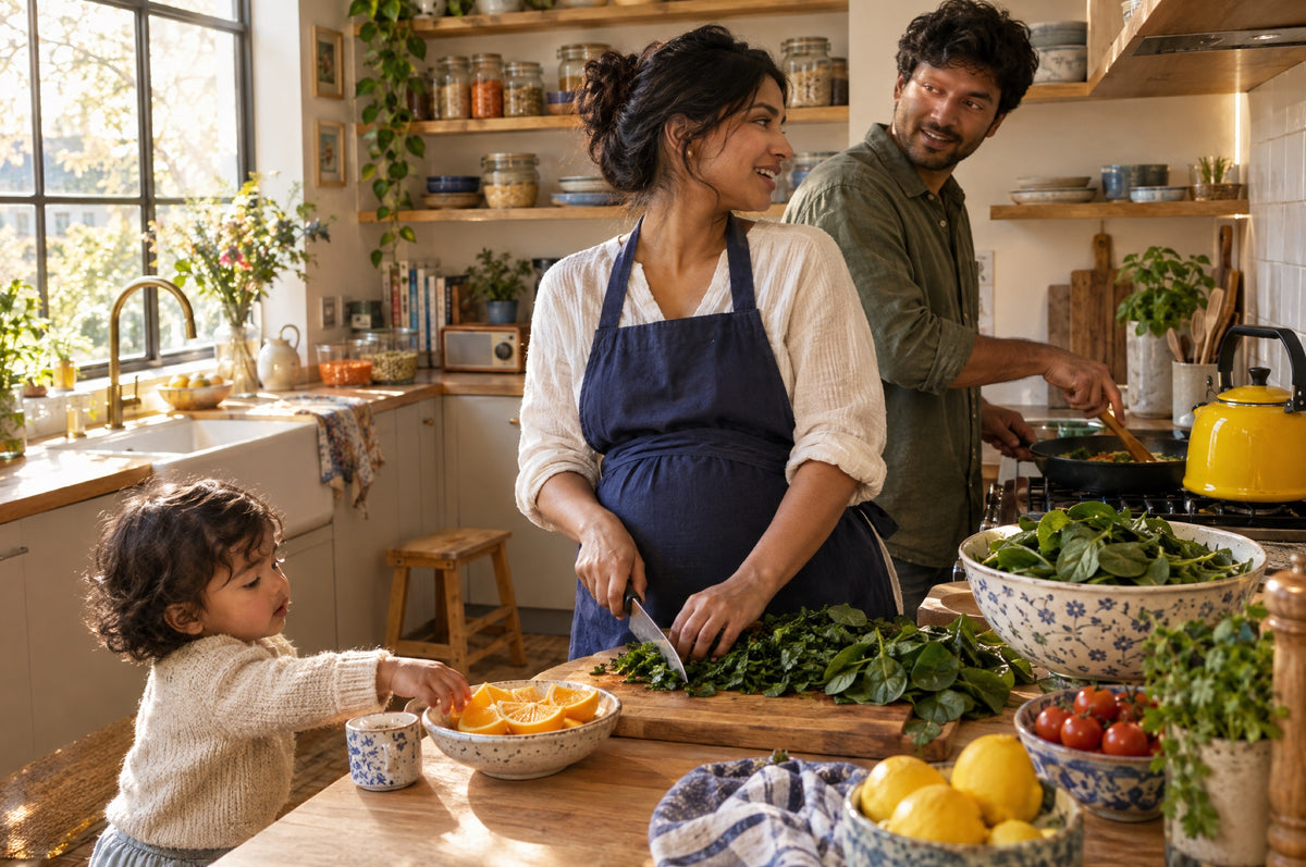 A pregnant woman chops spinach in a warm family kitchen while her partner cooks beside a yellow kettle.