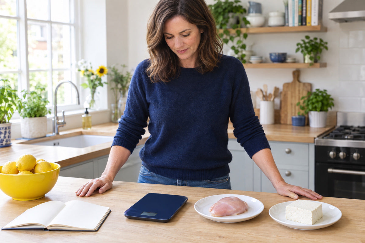 A woman in her forties weighs a chicken breast and a block of tofu side by side on a navy digital kitchen scale in a bright modern kitchen, a yellow bowl of lemons beside her and a notebook open on the worktop, both hands resting on the counter