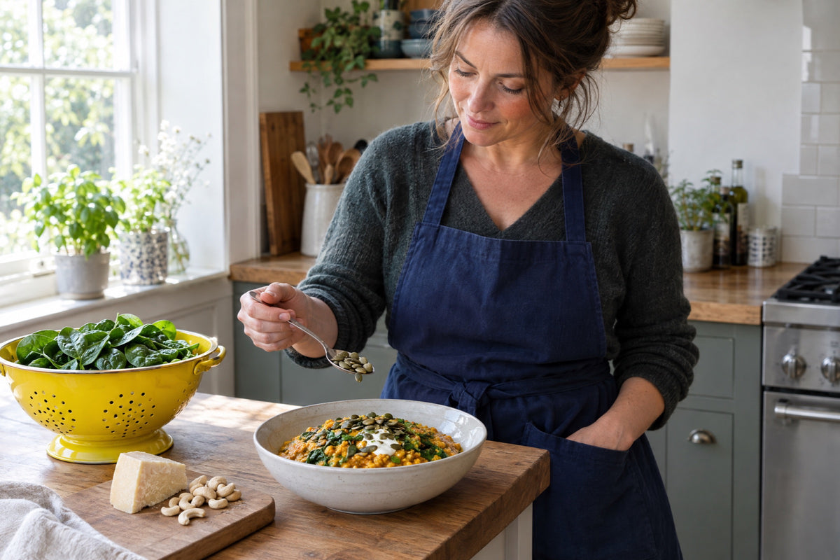 A woman in a navy apron spoons pumpkin seeds over a bowl of dhal, with a yellow colander of spinach, a wedge of cheese and cashews on the board.