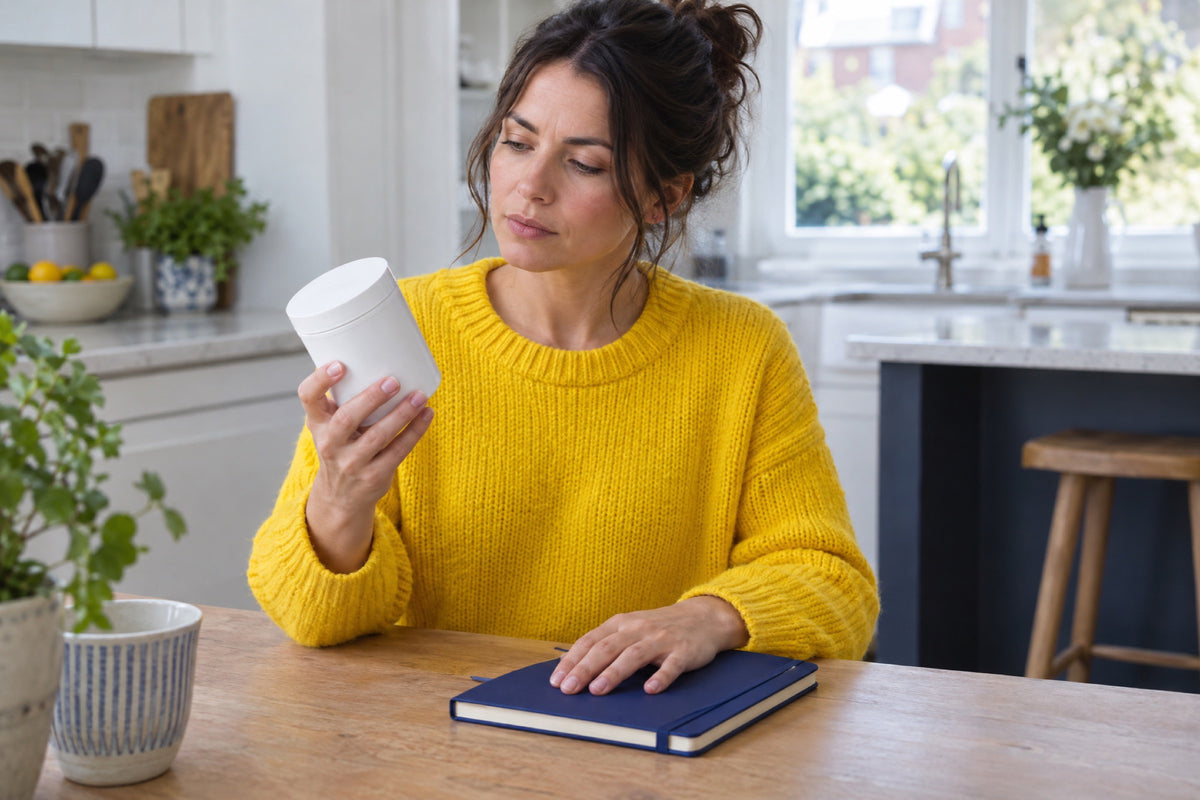 A woman in her thirties in a yellow knitted jumper sits at a bright kitchen table in daylight, reading the back of a plain white supplement pot held in one hand, her other hand flat on a navy notebook, no label text visible.