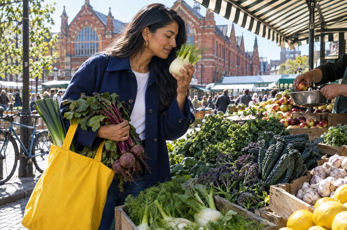 A woman in a navy overshirt smells a fennel bulb at a sunny market stall with a yellow tote on her arm.