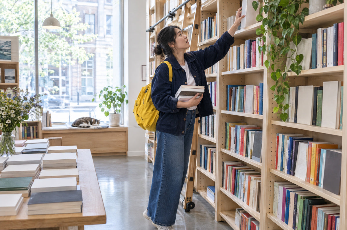 A woman reaches for a book on a high shelf in a bright bookshop, a yellow backpack on her shoulder.