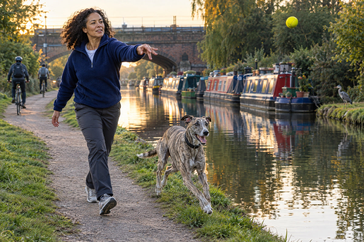 A woman in a navy fleece throws a yellow ball for a lurcher along a canal towpath at golden hour.