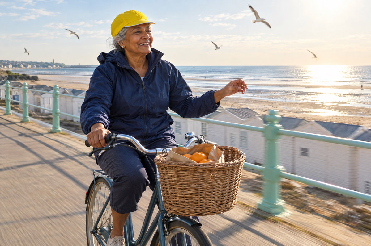 An older woman cycles along a sunny seafront promenade wearing a yellow cap.