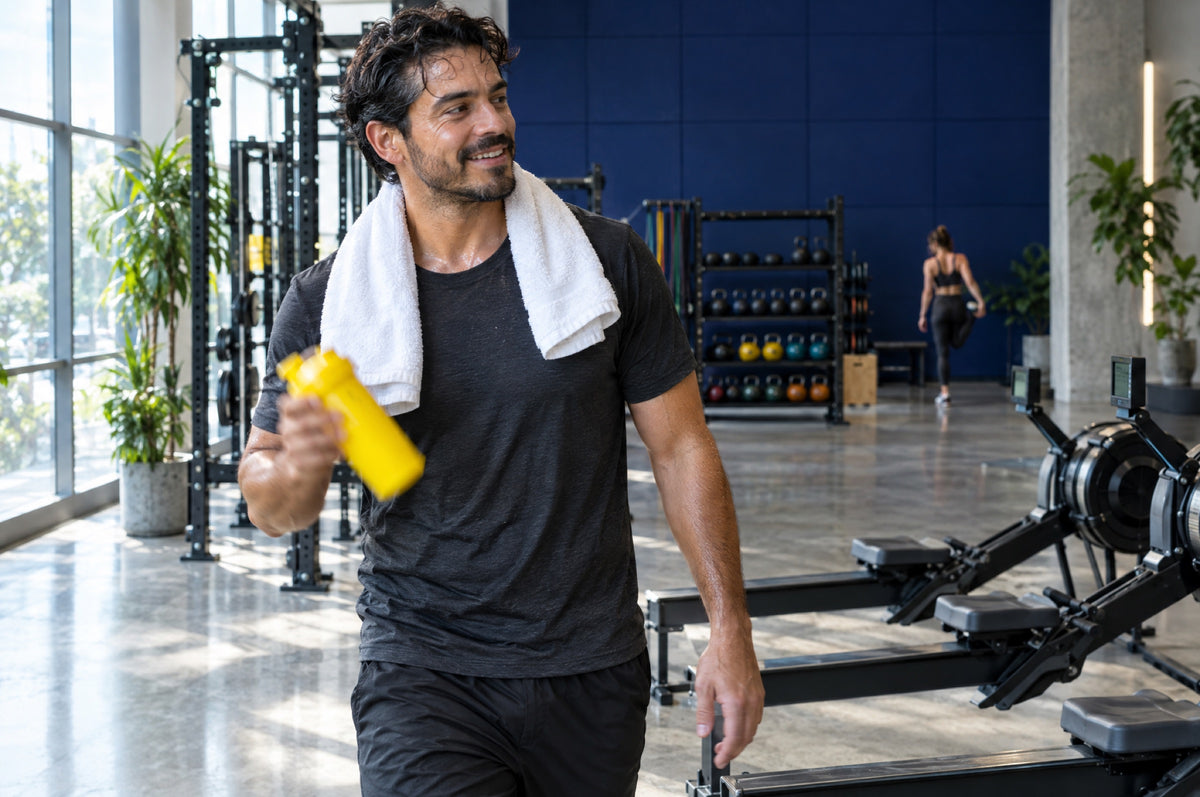 A man shakes a yellow bottle while walking through a bright gym with a navy feature wall.