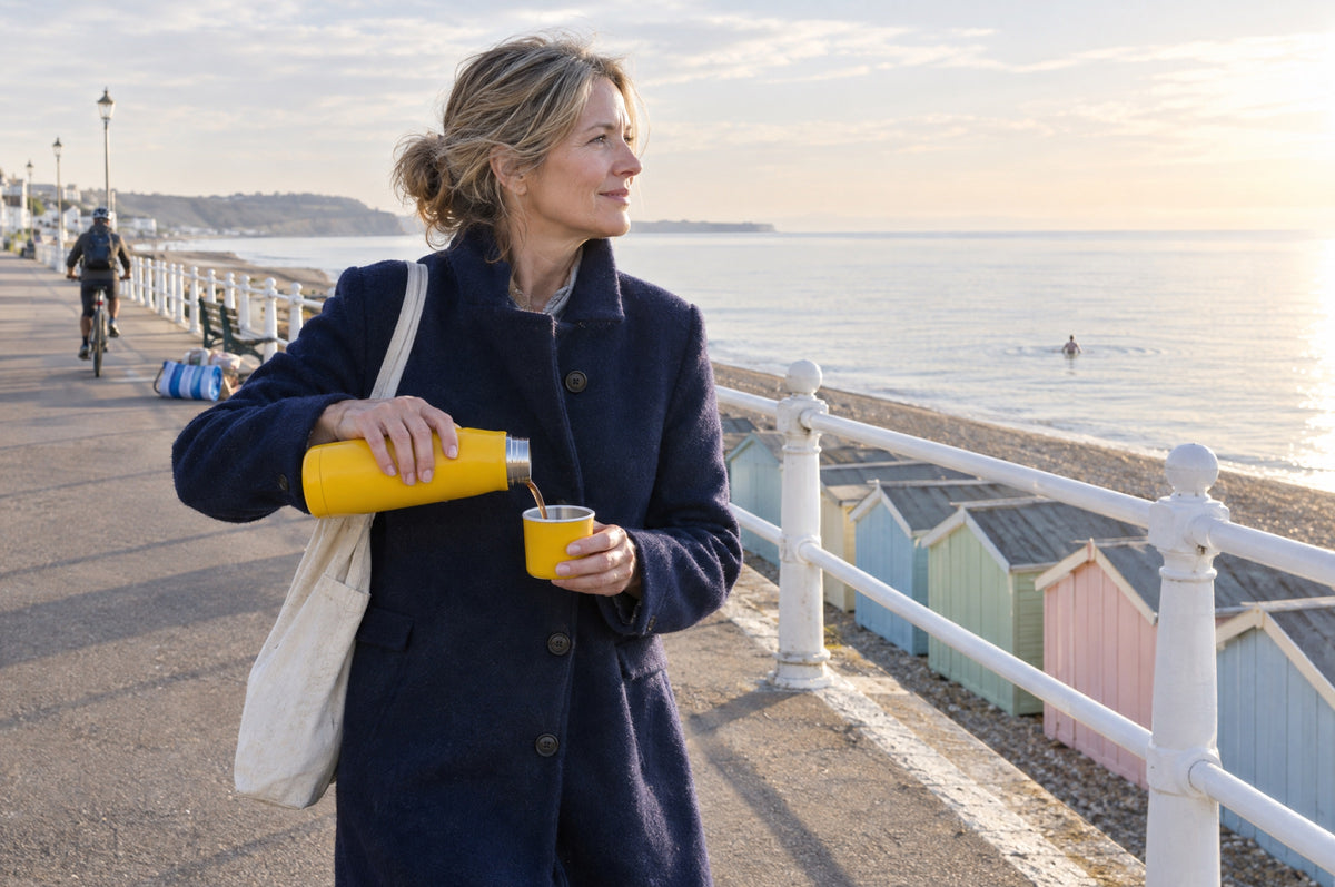 A woman in a navy coat pours tea from a yellow flask while walking a seaside promenade.
