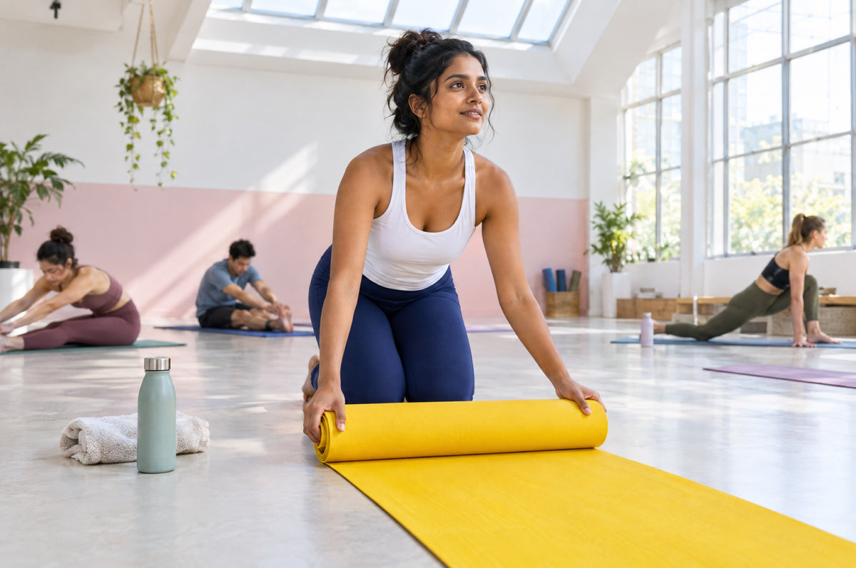 A young woman in navy leggings unrolls a yellow yoga mat in a sunlit studio.