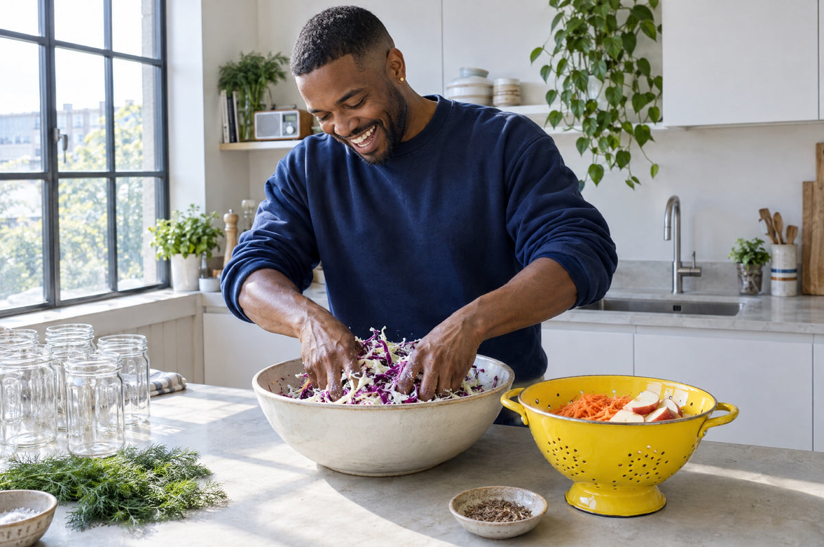 A man in a navy sweatshirt massages salt into shredded cabbage beside a yellow colander in a sunny kitchen.