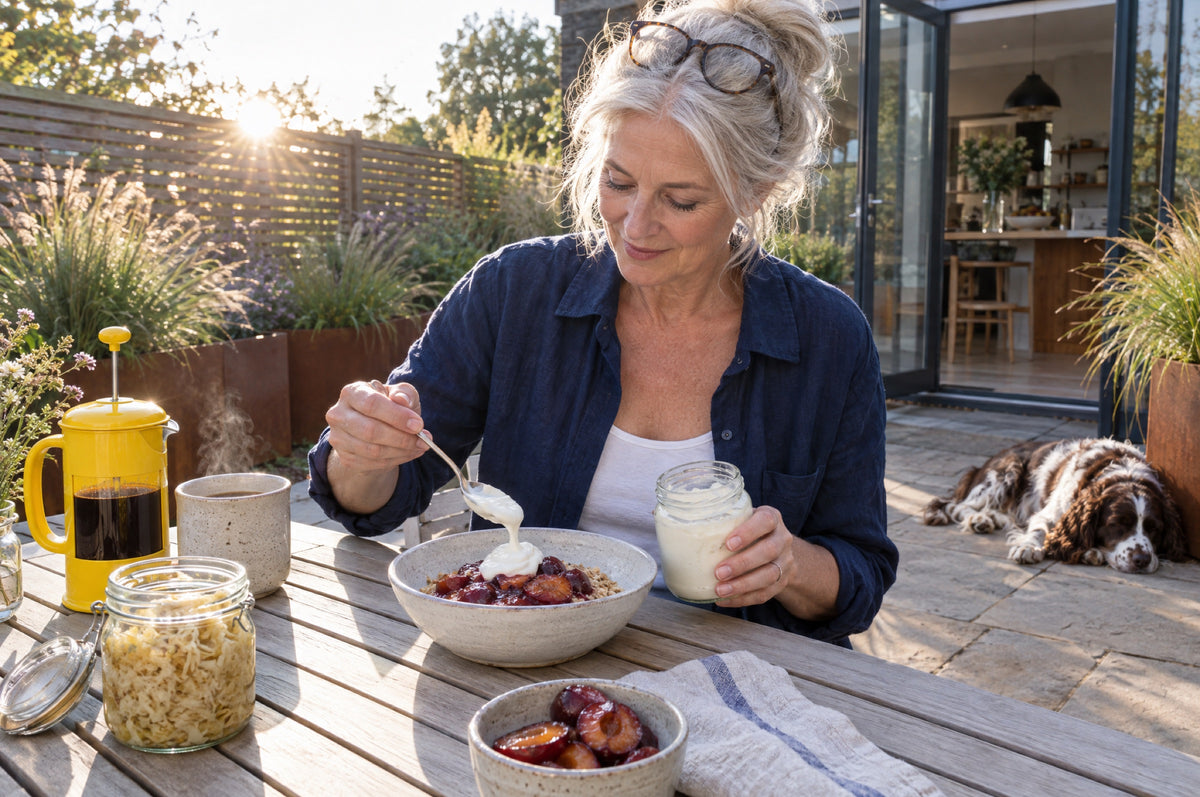 An older woman in a navy shirt spoons yoghurt onto fruit at a sunny garden table beside a yellow cafetière.