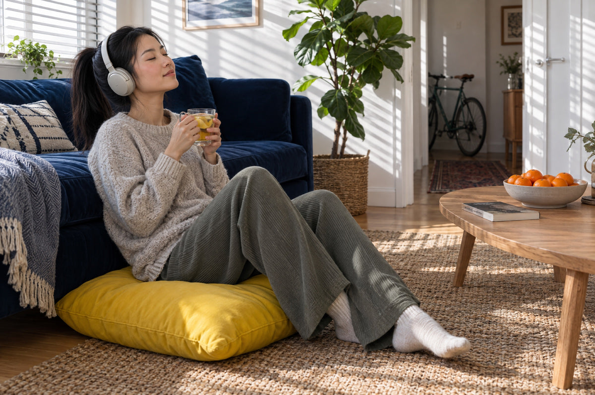 A young woman with headphones holds a mug of tea on a yellow floor cushion against a navy sofa.