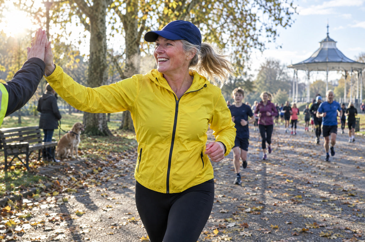 A woman in a yellow running jacket jogs through a sunny tree-lined park path.