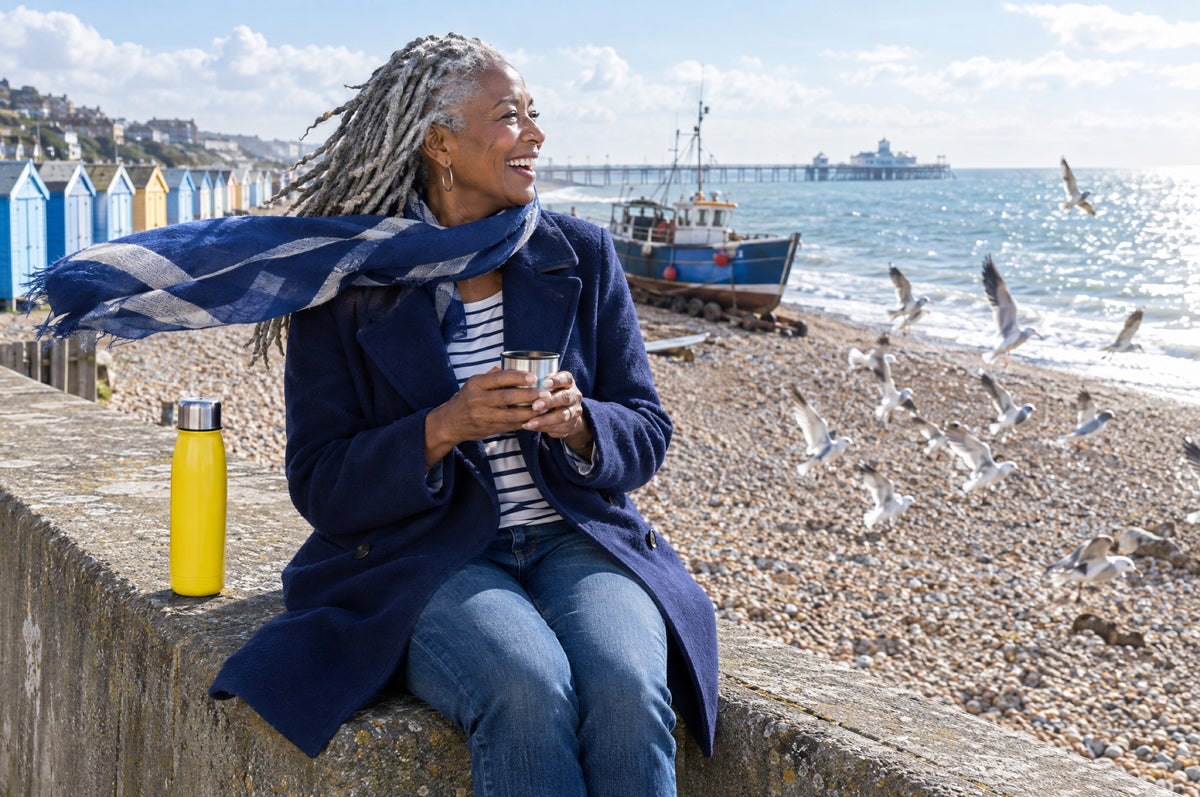 An older woman laughs on a sea wall on a bright morning with a yellow flask beside her and beach huts behind.