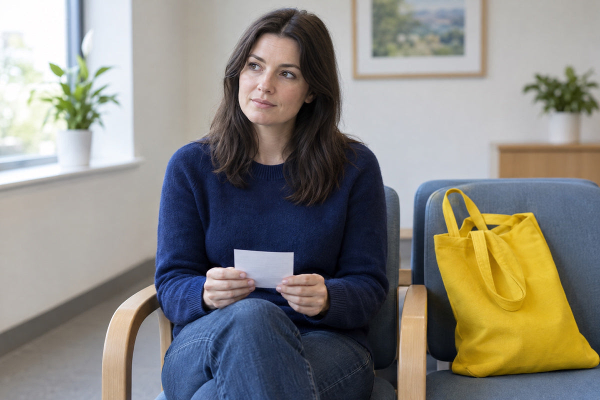 A woman in a navy jumper sits on a waiting-room chair holding a small blank card, a yellow tote bag on the seat next to her