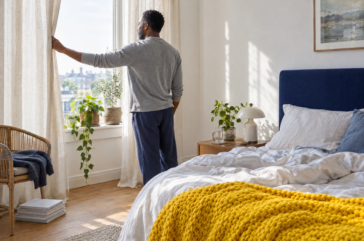 A man opens the curtains in a bright bedroom with a navy headboard and a yellow throw.
