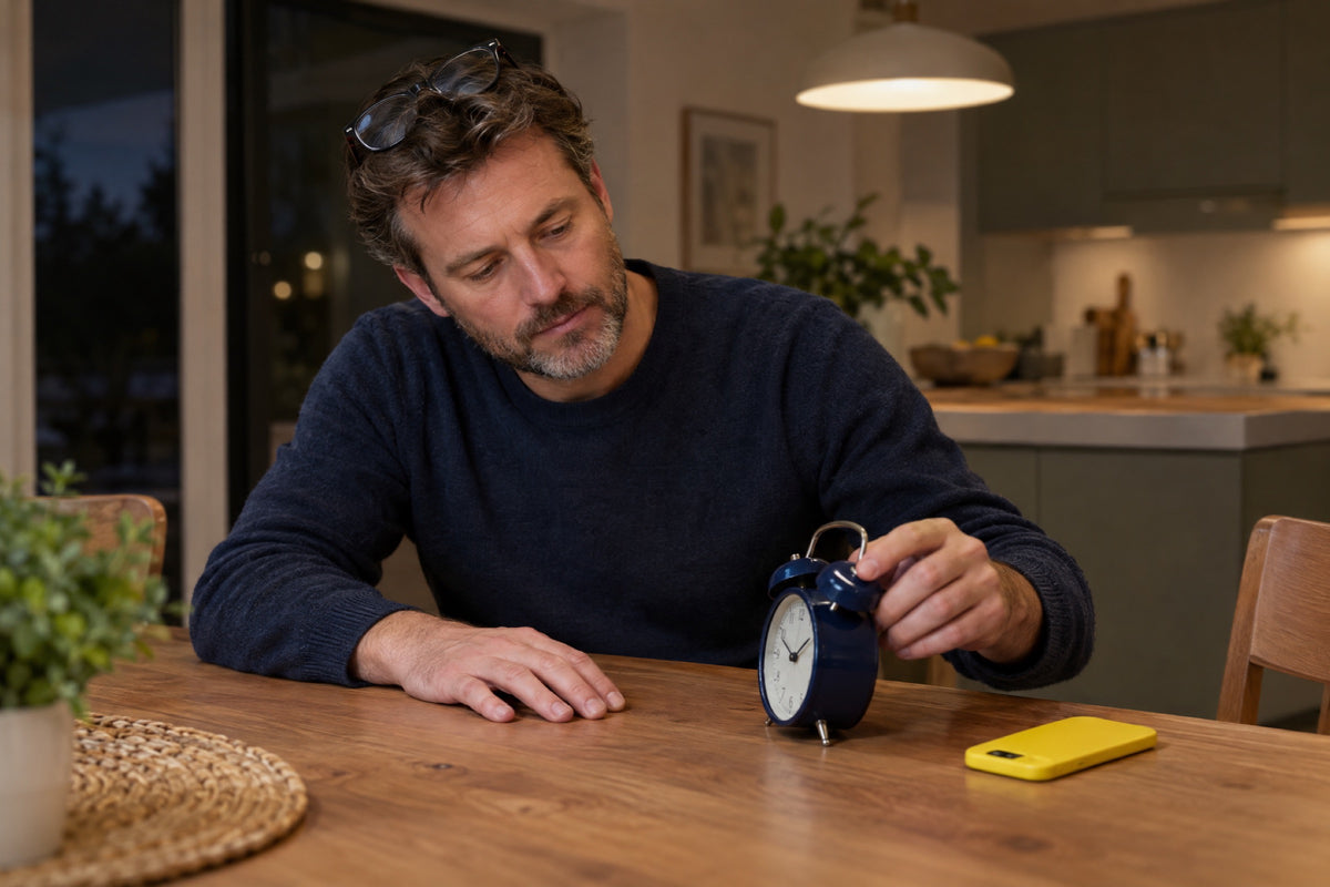 A man in his forties at a kitchen table at night sets a navy analogue alarm clock, one hand on the clock and the other flat on the table, reading glasses pushed into his hair, a phone in a yellow case face down beside him.