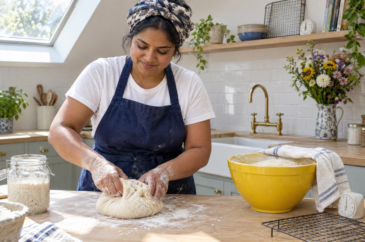 A woman in a navy apron folds bread dough on a floured counter beside a yellow mixing bowl.