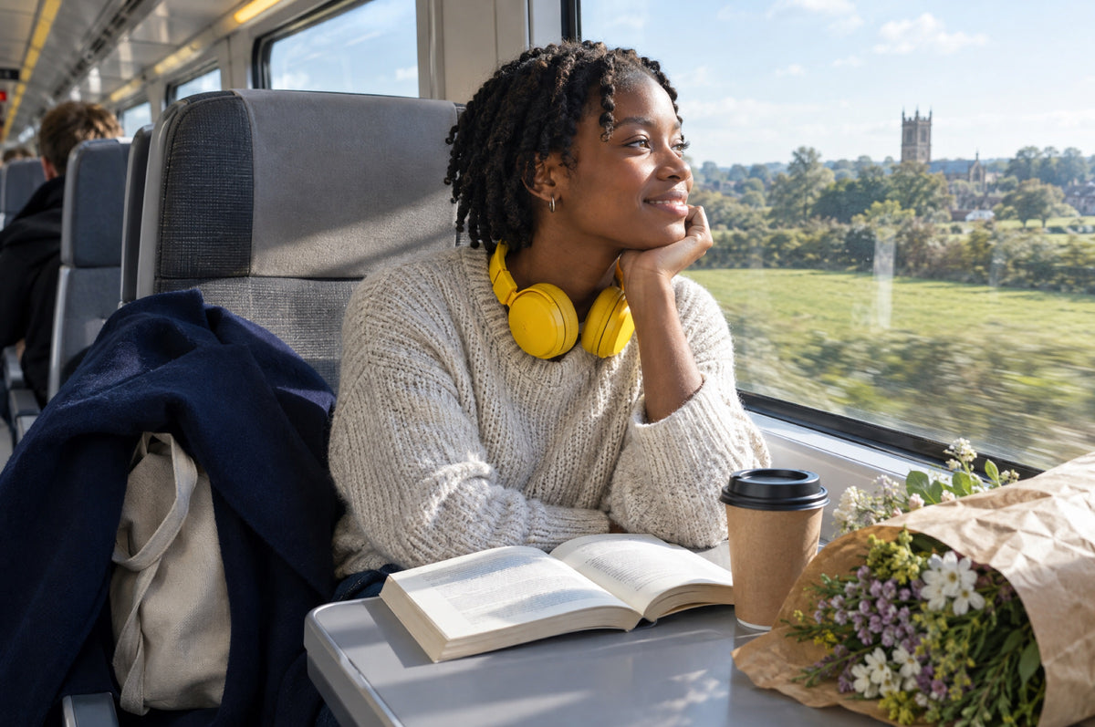 A young woman with yellow headphones round her neck looks out of a sunny train window, a navy coat beside her.