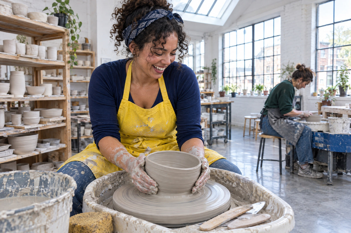 A woman laughs at a pottery wheel as a clay bowl tilts, wearing a yellow apron.