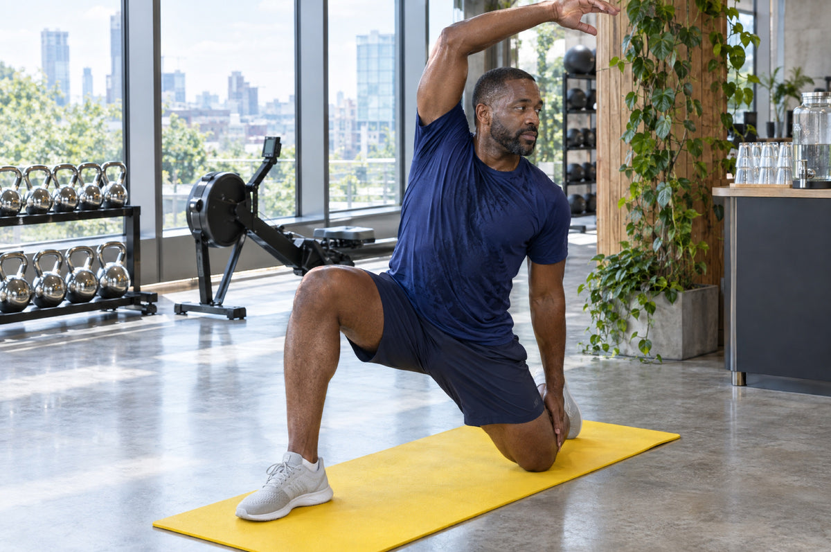 A man in a navy top stretches on a yellow mat in a bright glass-walled gym.