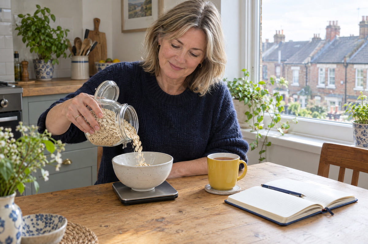 A woman in a navy jumper pours porridge oats into a bowl on kitchen scales at a wooden table, a yellow mug of tea and an open notebook beside her, terraced rooftops through the window.