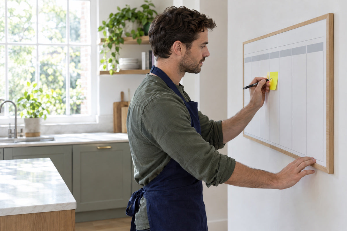 A man in his thirties in a navy apron writes on a yellow sticky note stuck to a weekly wall planner in a bright kitchen, pen in one hand and the other resting on the planner's edge, morning light from a tall window.
