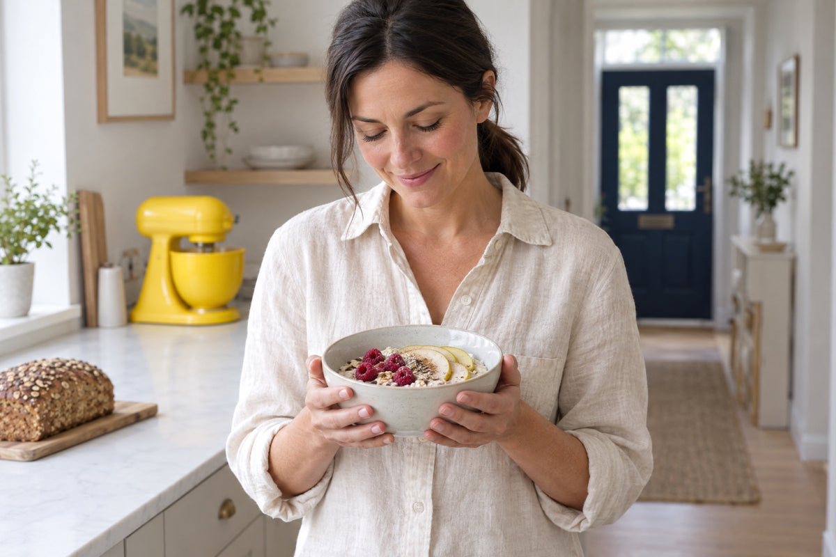 A smiling woman in a linen shirt holding a bowl of oats topped with raspberries and pear slices in a bright kitchen, with a loaf of seeded bread nearby
