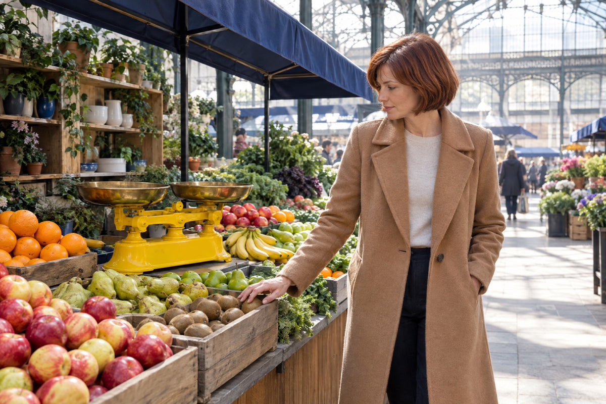 A British woman in her forties walks along a bright market-hall greengrocer's counter, one hand on a crate of kiwis and the other in her coat pocket, a large yellow weighing scale beside her and a navy canvas awning overhead.
