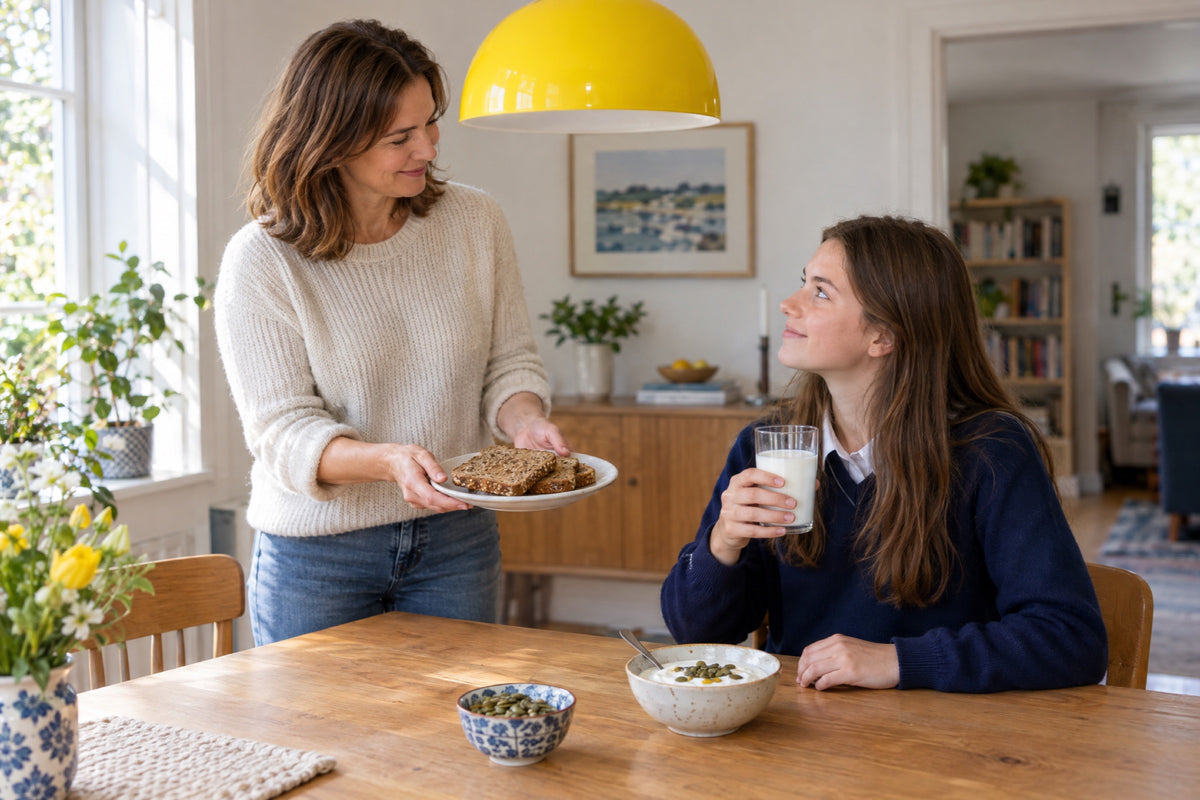 A mother hands a plate of seeded wholegrain toast to her teenage daughter at a sunlit dining table under a yellow pendant lamp, the daughter in a navy jumper holding a glass of milk