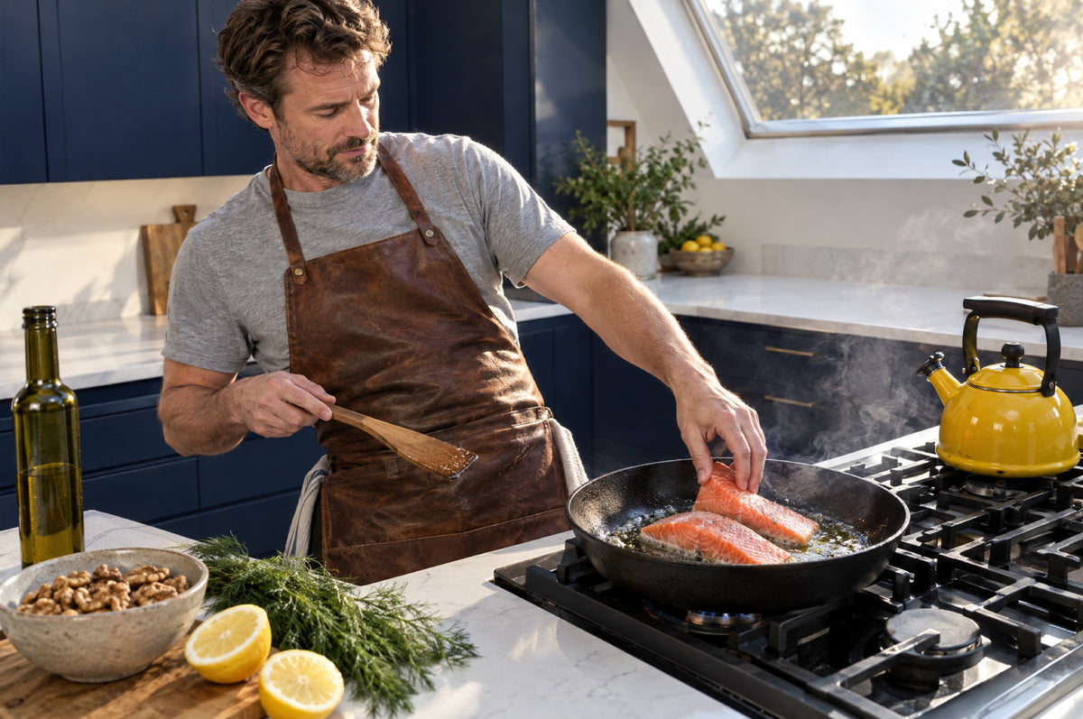 A man lays salmon fillets into a hot pan in a bright kitchen with navy cabinets.
