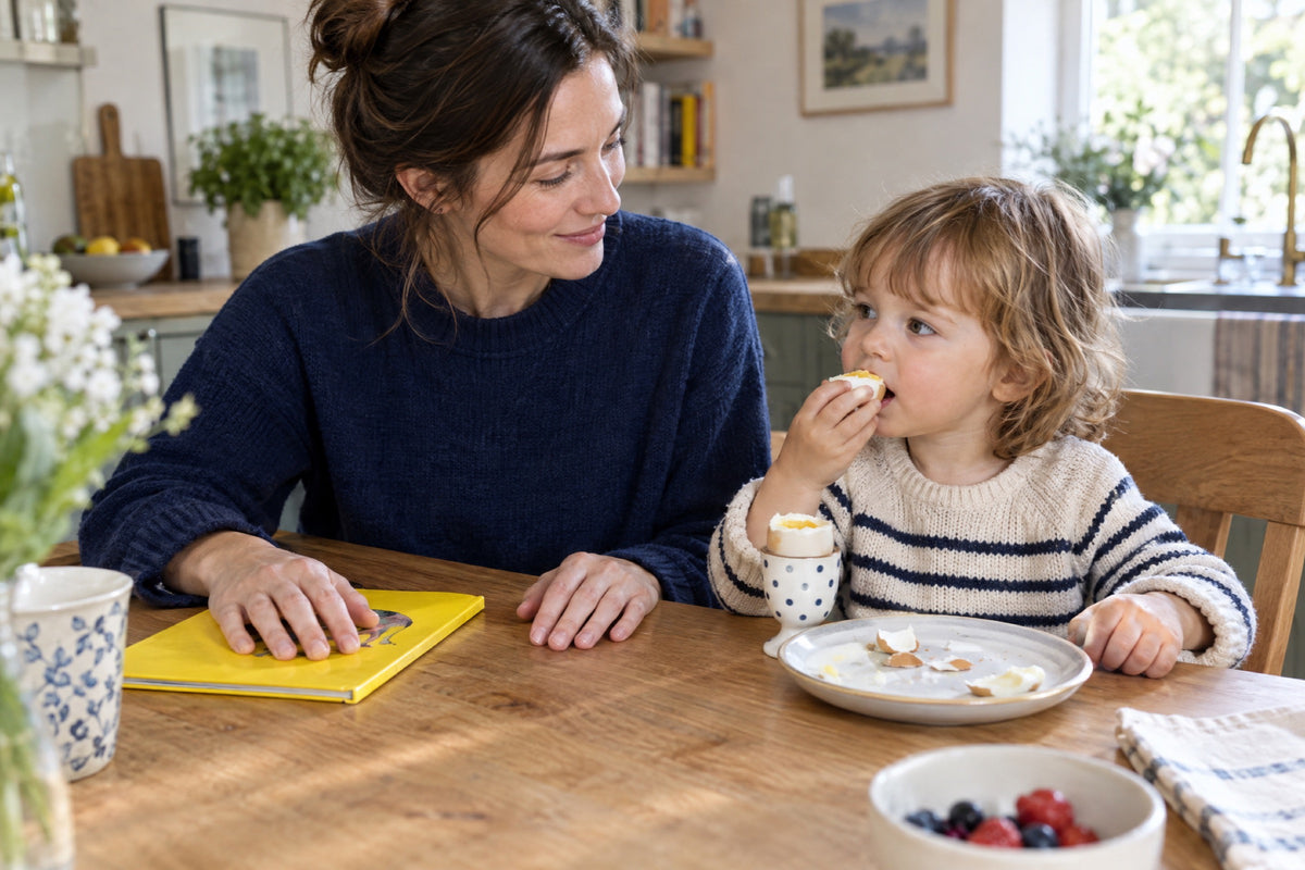 A mother in a navy jumper sits at a sunlit kitchen table beside her toddler, one hand resting on a yellow picture book while the child eats a boiled egg from an egg cup, both of her hands visible and simply placed.
