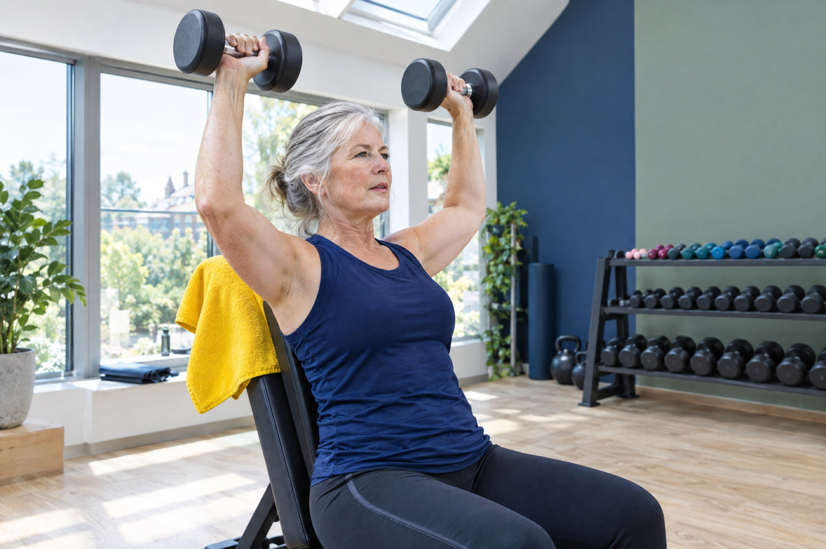 A woman in a navy top presses dumbbells overhead in a bright gym with a yellow towel nearby.