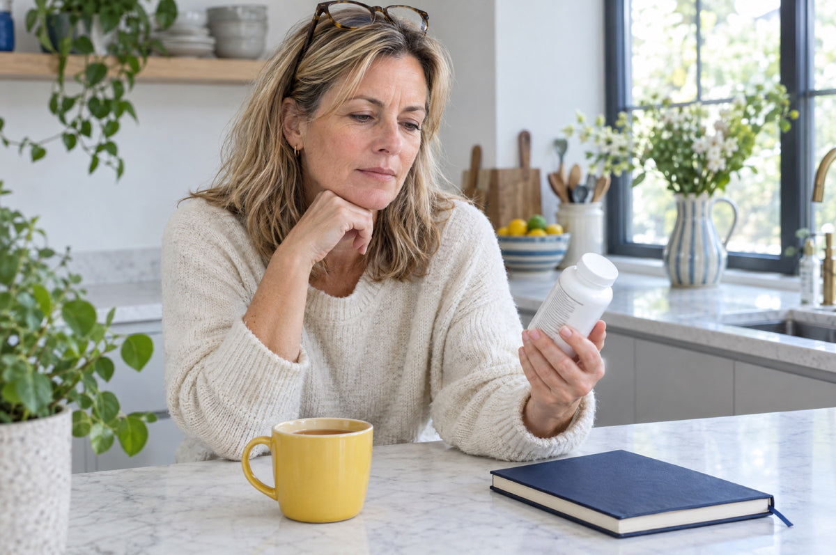 A woman with reading glasses pushed up on her head studies the label of a plain white supplement bottle at a kitchen counter, a yellow mug of tea and a navy notebook in front of her.