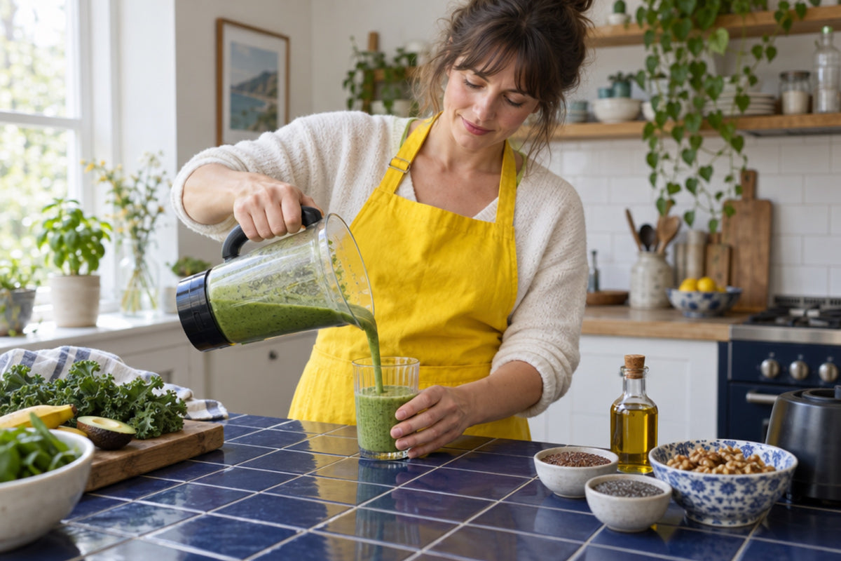 A woman in a yellow apron blends a green smoothie with chia and walnuts on a navy-tiled kitchen counter, a bottle of golden oil and a bowl of flaxseed beside her.