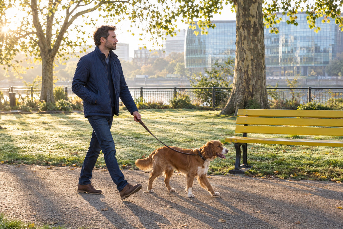 A British man in his early forties walks a spaniel along a sunlit park path at dawn past a yellow bench, one hand in the pocket of a navy quilted jacket, the other holding the lead.