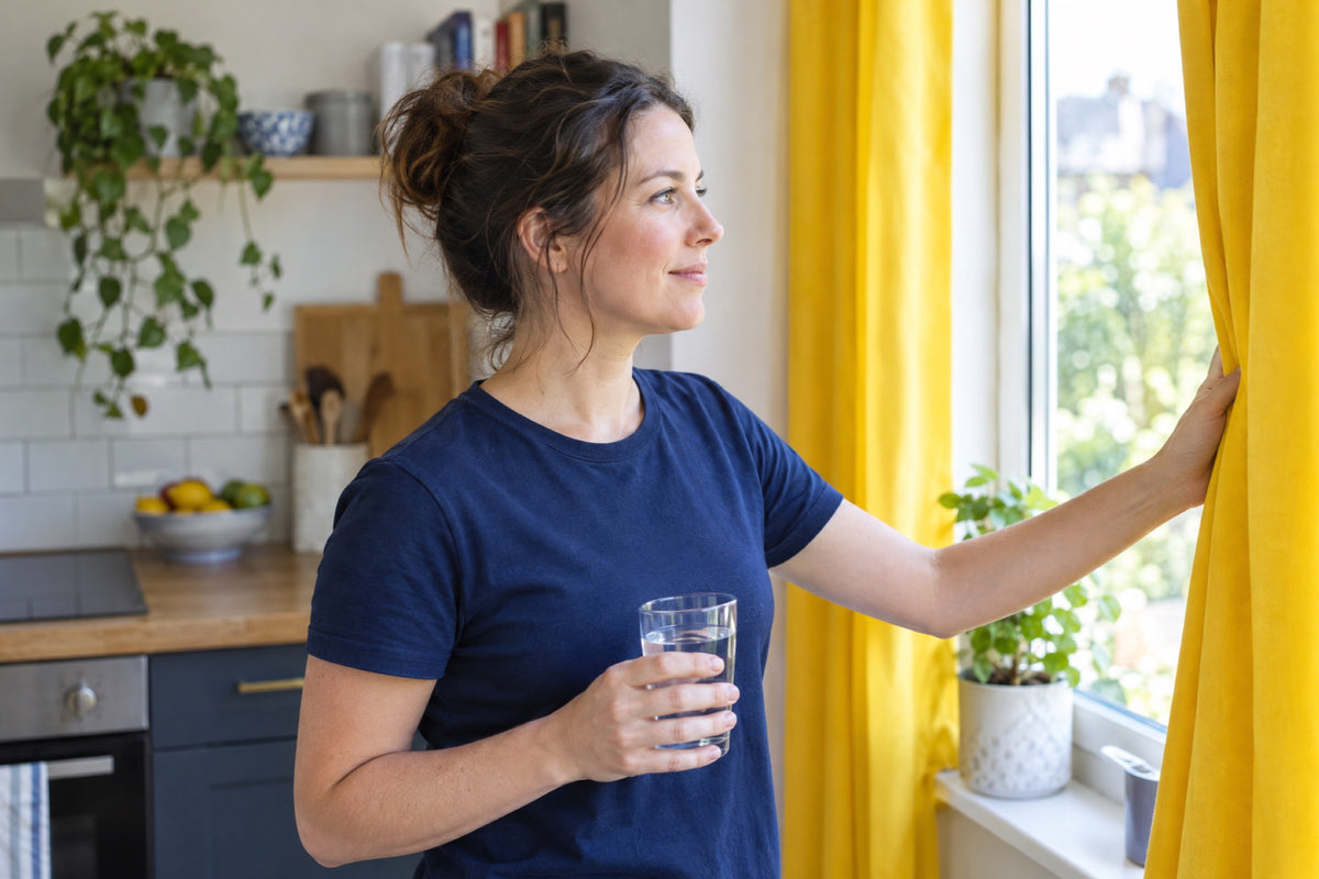 A woman in a navy T-shirt opens the yellow curtains of a small bright kitchen in the morning, one hand on the curtain and the other holding a glass of water.