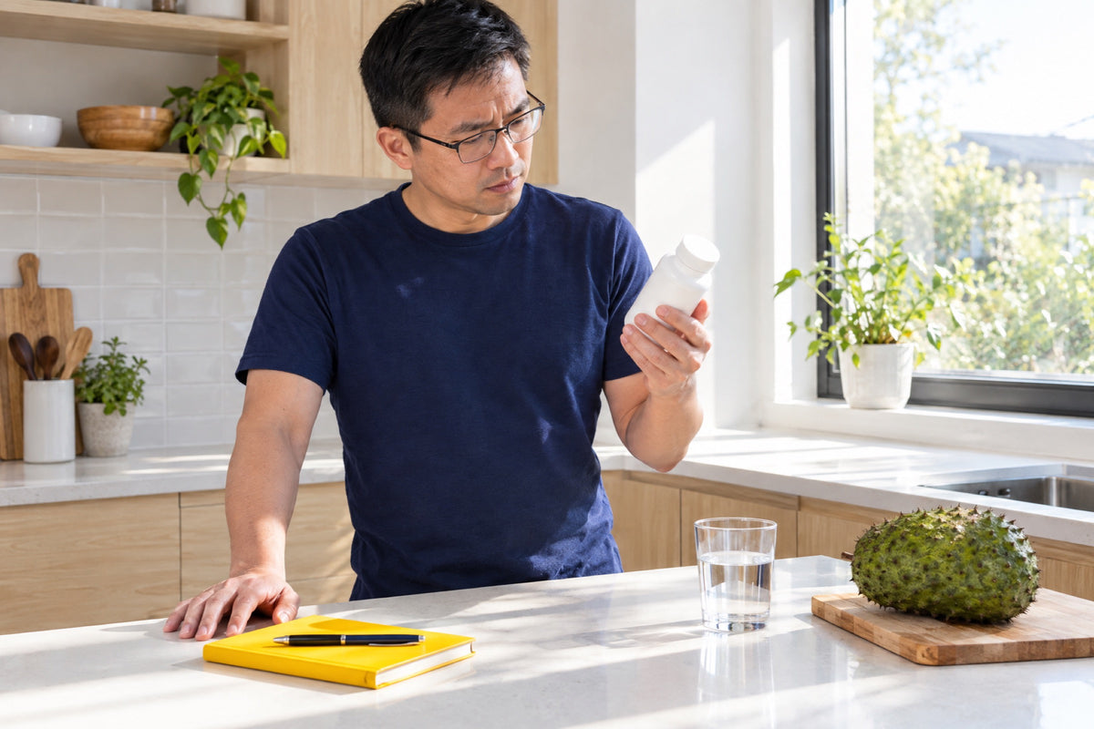 A British man in a navy t-shirt turns a plain white capsule bottle to read its label at a bright kitchen counter, a yellow notebook and a whole green soursop on a board beside him.