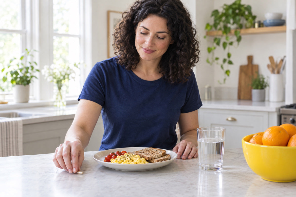 A woman in a navy T-shirt at a kitchen counter placing a single capsule beside a plate of eggs on toast, a glass of water and a bowl of oranges