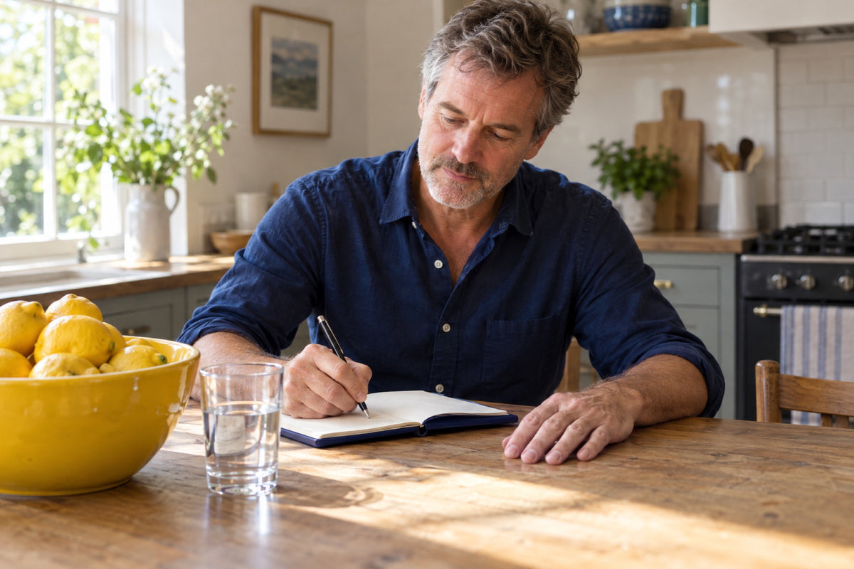 A British man in his fifties in a navy shirt writes in a navy notebook at a sunlit breakfast table, one hand flat on the table, a large yellow bowl of lemons and a glass of water beside him.
