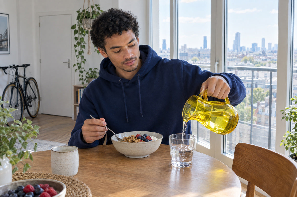 A young man pours water from a yellow jug beside a bowl of granola at a sunny dining table.