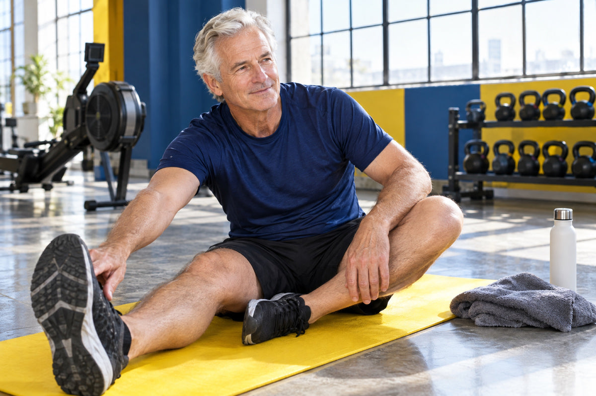 An older man stretches on a yellow mat in a bright gym after a workout.