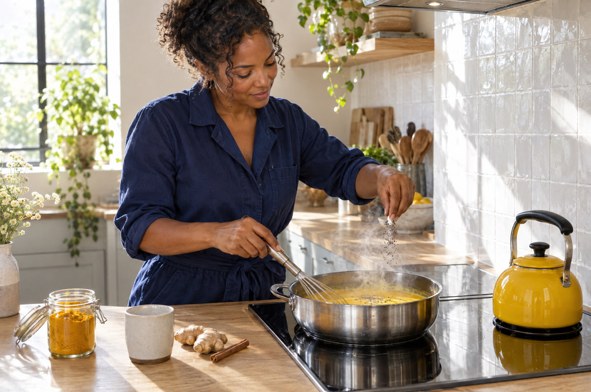 A woman whisks a pan of golden milk on a hob beside a yellow kettle in a bright kitchen.