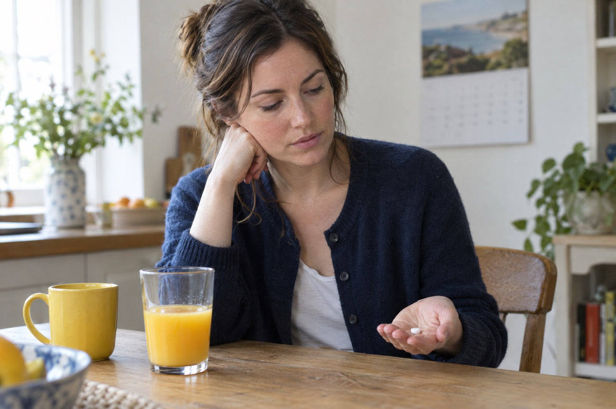 A woman in a navy cardigan looks at a small white tablet in her palm at a kitchen table, a glass of orange juice and a yellow mug in front of her.