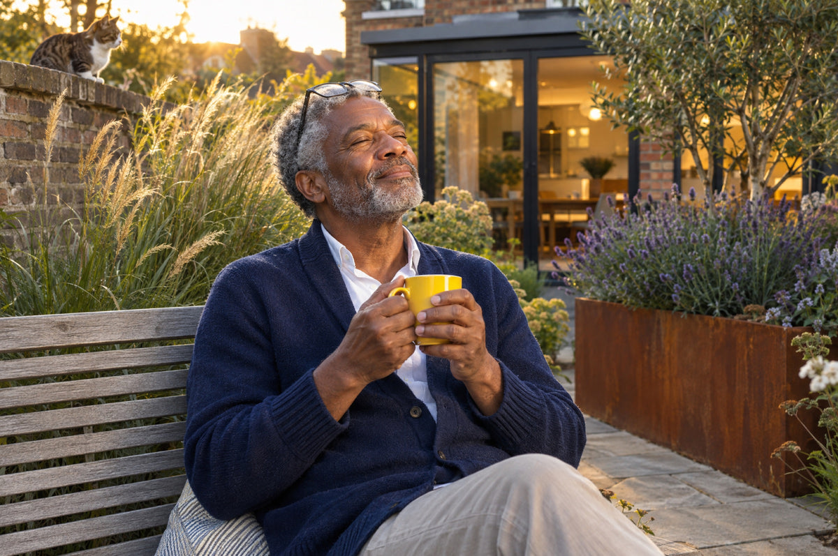 An older man in a navy cardigan holds a yellow mug of tea on a garden bench in evening light.