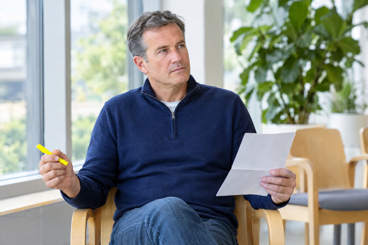 A British man in his fifties in a navy quarter-zip sits in a bright modern waiting room holding a folded letter in one hand and a yellow highlighter in the other, a leafy plant and pale wood chairs behind him
