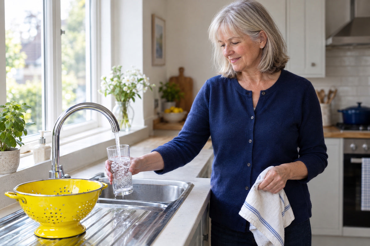 A British woman in her sixties in a navy cardigan fills a tall glass of water at a bright kitchen tap, a tea towel in her other hand and a yellow enamel colander on the drainer