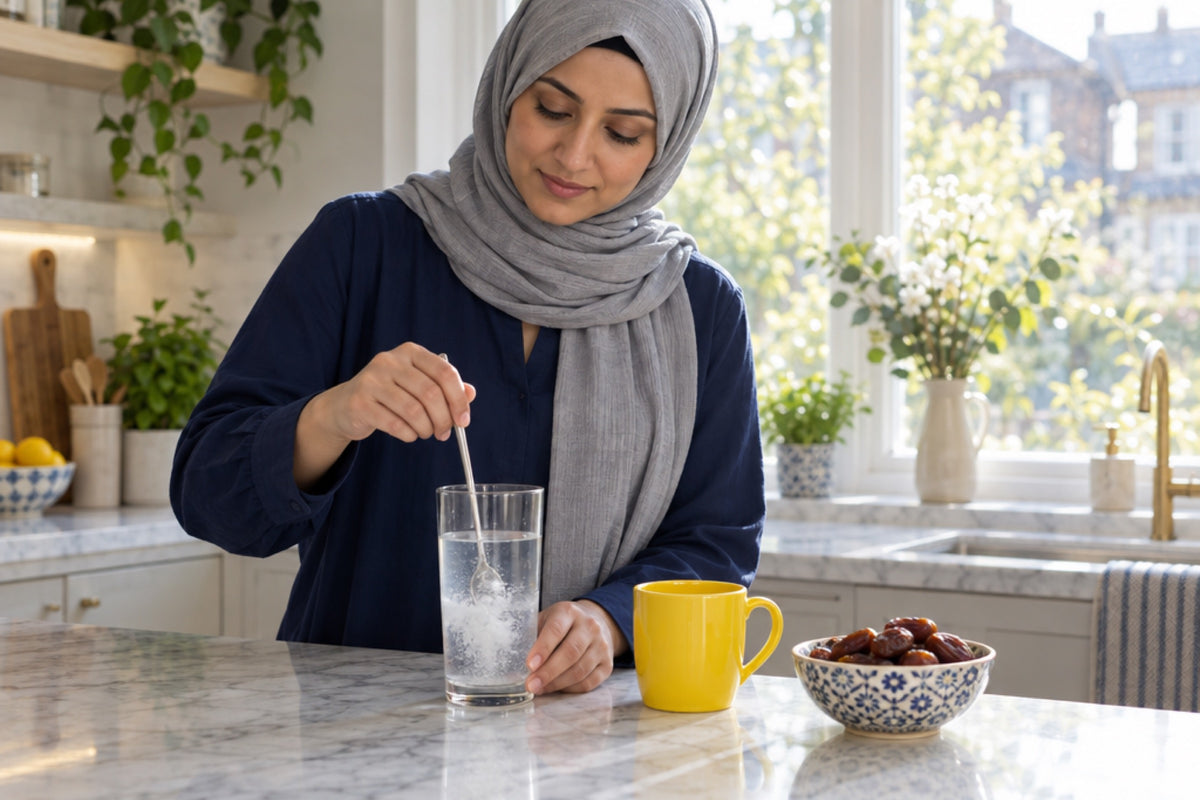 A woman in a grey hijab and navy blouse stirs collagen powder into a glass of water at a marble kitchen counter, a yellow mug and a bowl of dates beside her.